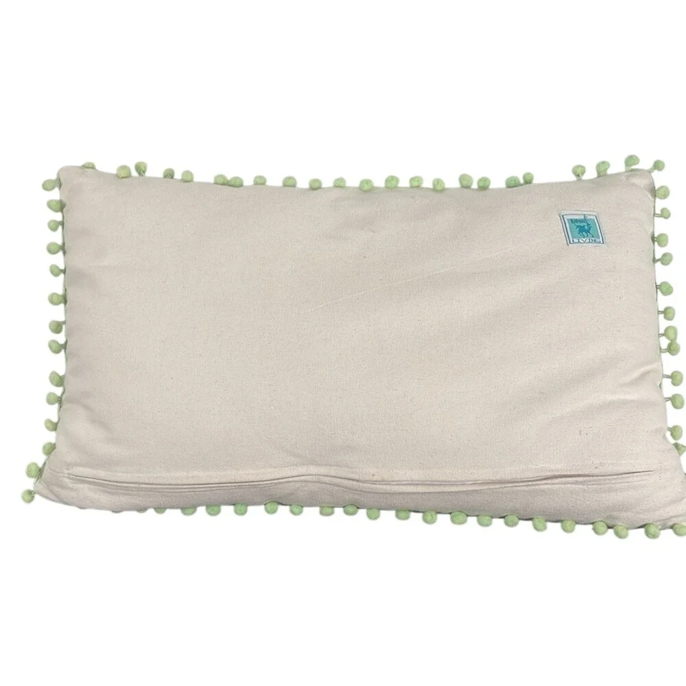 Karma‎ Living Teal Otomi Embroidered Lumbar Pillow Pom Pom Trim Cotton 12x20